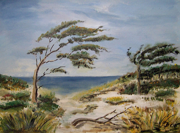 Windflüchter am Weststrand, gemalt