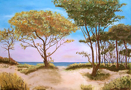 Blick durch die Bäume am Weststrand, gemalt